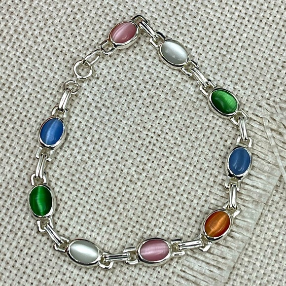 Stunning Vintage Sterling Silver Chainlink Bracelet with Multicolored Cabochons - Picture 3 of 16